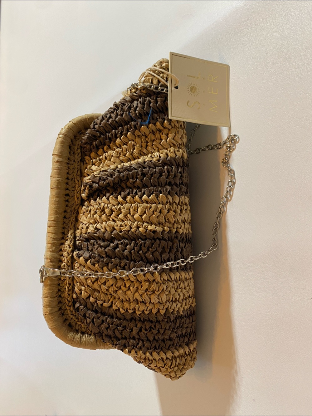 Striped Straw Clutch with Chain Strap - Brown & Tan MSRP $78
